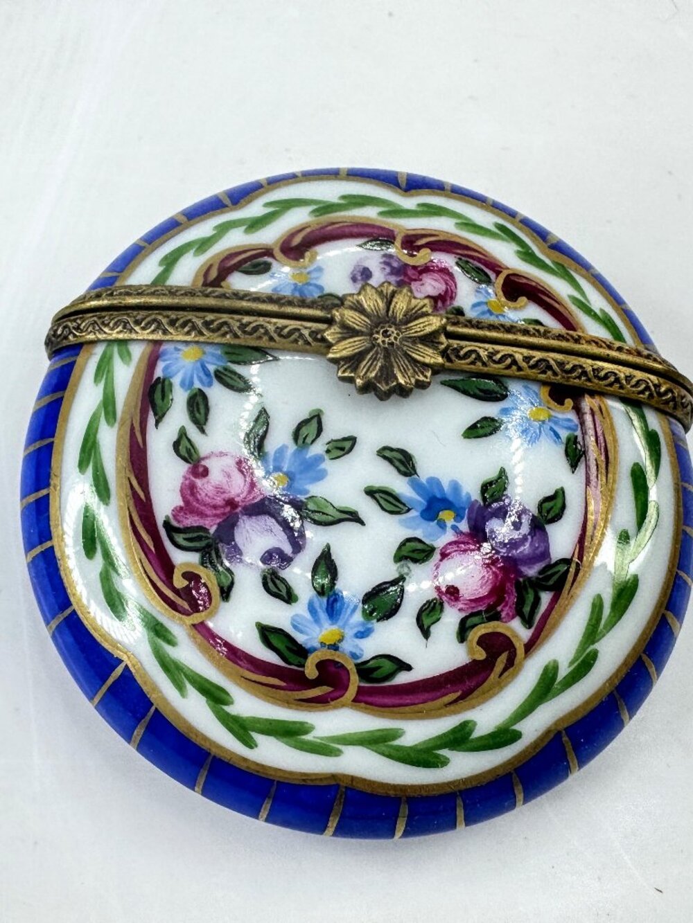 French Limoges Hand Painted Round Floral Trinket Box Blue Border A1038
